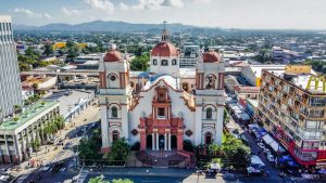 Buildings in a city in Honduras, seen from above.