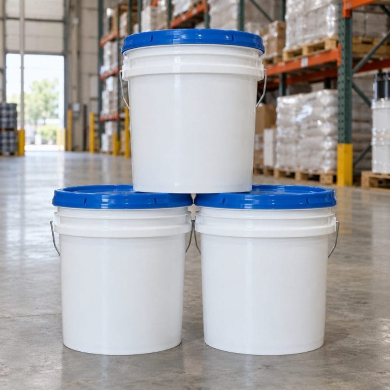 Three 5-gallon paint buckets with blue lids