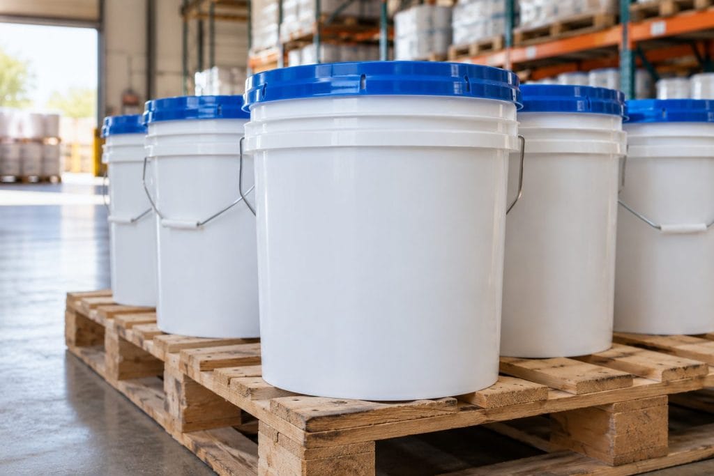 5-gallon paint buckets with blue lids on a pallet