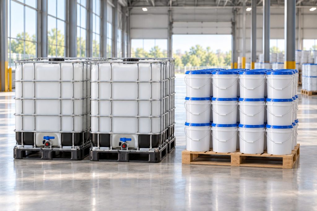 IBC totes and a pallet of unlabeled 5-gallon paint buckets with blue lids in a warehouse
