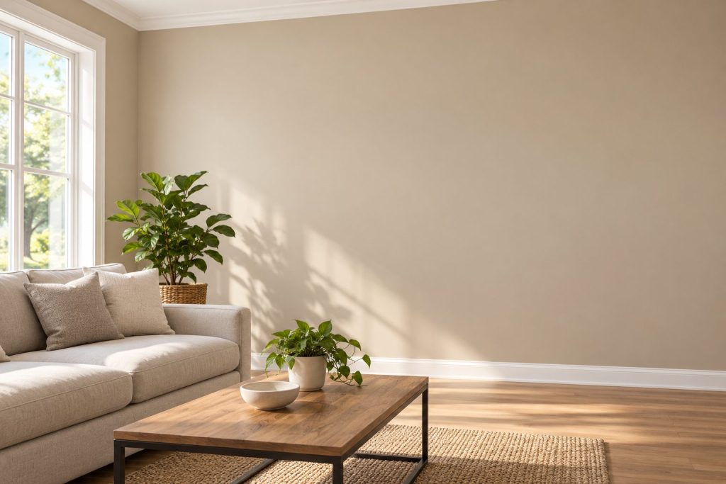 Living room with walls painted in a putty beige color